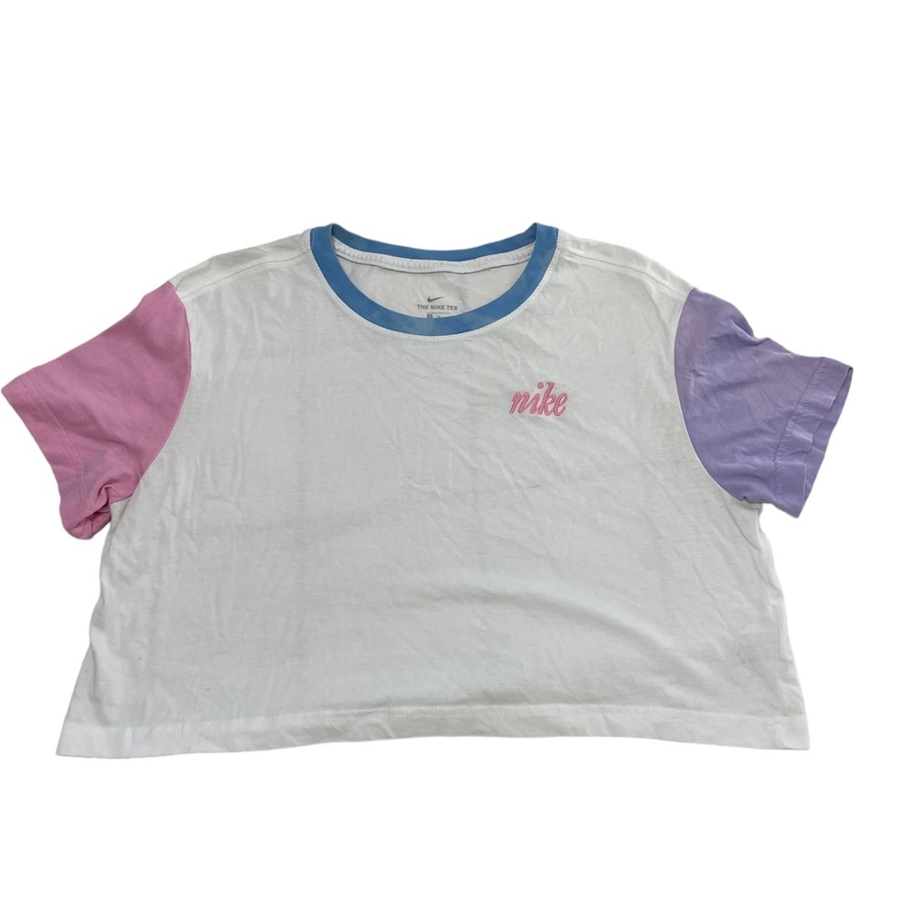 Nike White Crop Top with Pink and Purple Sleeves